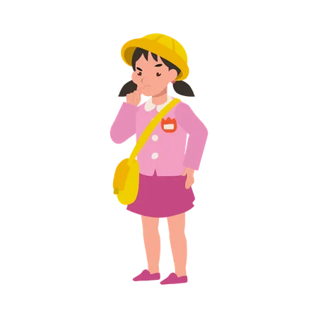 Kindergarten girl in school uniform thinking seriously  focused on studying and learning  Illustration