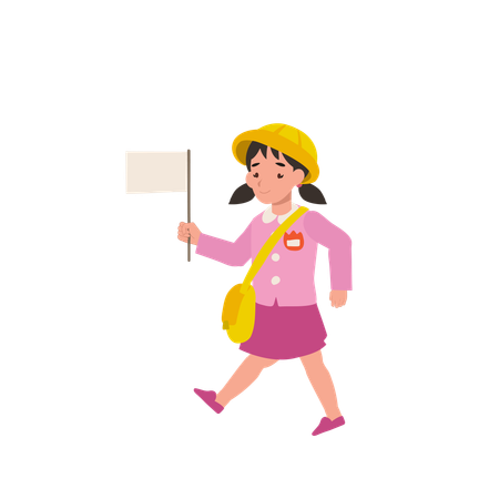 Kindergarten girl in uniform waving flag outdoors with big smile  Illustration