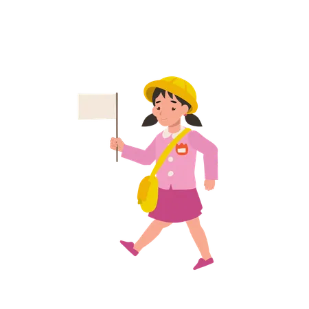 Kindergarten girl in uniform waving flag outdoors with big smile  Illustration