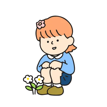 Kindergarten girl looking at a flower  Illustration