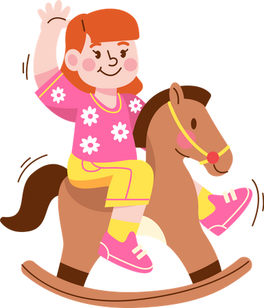 Kindergarten girl riding rocking horse Illustration