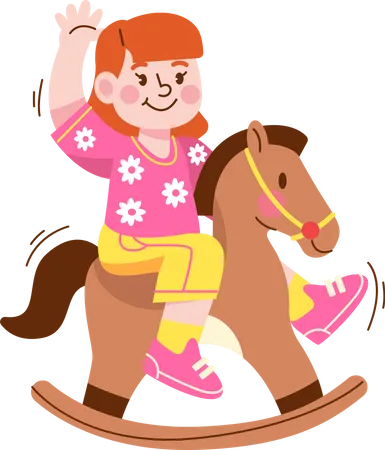 Kindergarten girl riding rocking horse Illustration