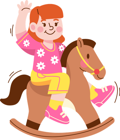 Kindergarten girl riding rocking horse  Illustration