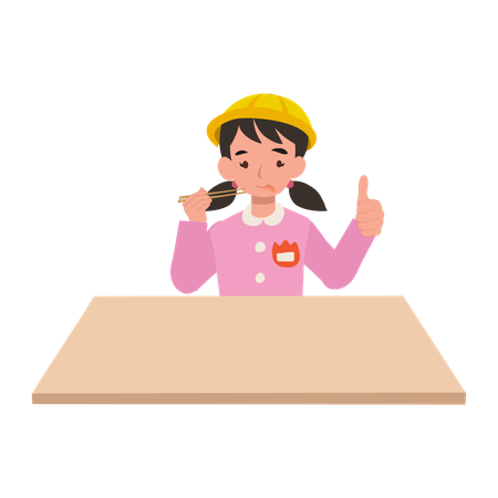 Kindergarten girl sitting at desk with chopsticks and thumbs up, enjoying delicious meal  Illustration