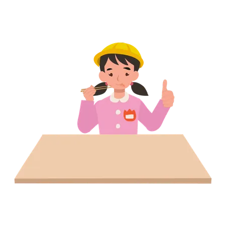 Kindergarten girl sitting at desk with chopsticks and thumbs up, enjoying delicious meal  Illustration