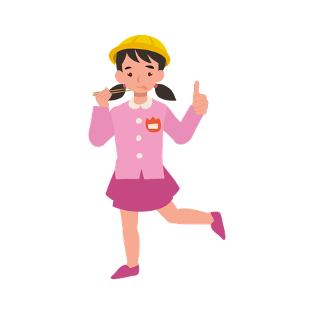 Kindergarten girl with chopsticks thumbs up enjoying food happiness  Illustration