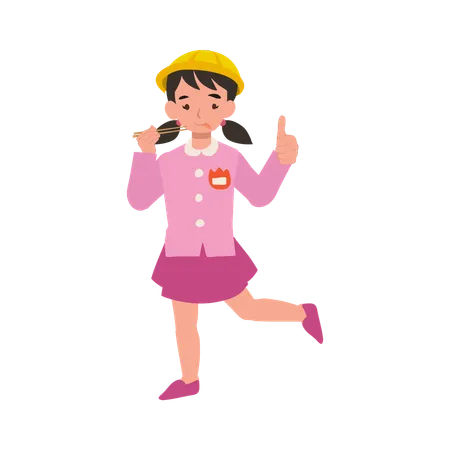 Kindergarten girl with chopsticks thumbs up enjoying food happiness  Illustration