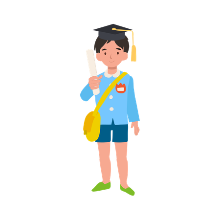 Kindergarten graduation boy holding certificate in school uniform celebrating academic success  Illustration