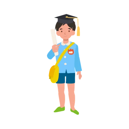 Kindergarten graduation boy holding certificate in school uniform celebrating academic success  Illustration