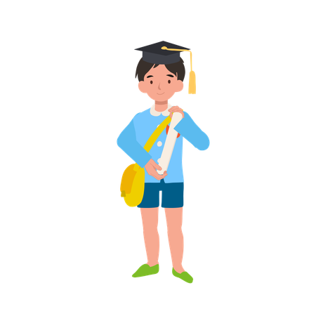 Kindergarten graduation boy holding certificate in school uniform celebrating academic success  Illustration