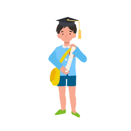 Kindergarten graduation boy holding certificate in school uniform celebrating academic success  Illustration