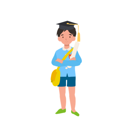 Kindergarten graduation boy holding certificate in school uniform celebrating academic success  Illustration