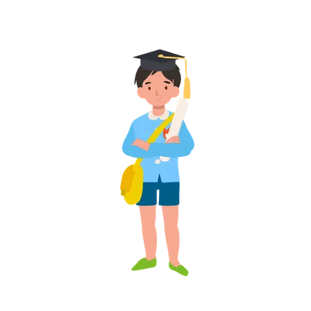 Kindergarten graduation boy holding certificate in school uniform celebrating academic success  Illustration