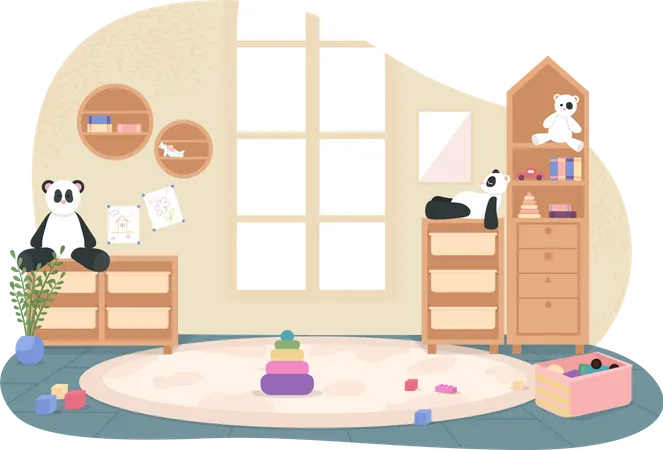 Kindergarten Playroom With No People 2 D Vector Web Banner Poster Preschool Flat Scene On Cartoon Background Primary Grade Classroom With Toys And Furniture Printable Patch Colorful Web Element Illustration