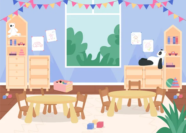Kindergarten Playroom With Desks And Chair For Kids Flat Color Vector Illustration Primary Grade Lesson Room With Furniture For Children Preschool 2 D Cartoon Interior With Furnishing On Background Illustration