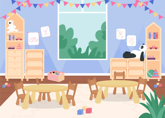 Kindergarten playroom with desks and chair for kids  Illustration