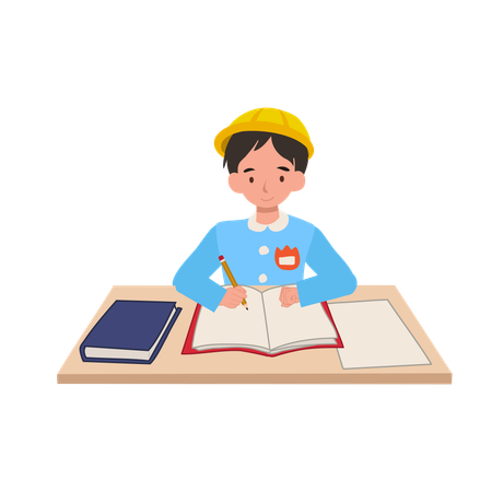 Kindergarten student studying at school desk in japanese school uniform  Illustration