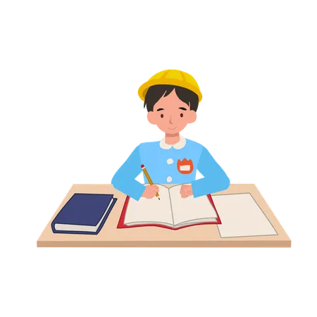 Kindergarten student studying at school desk in japanese school uniform  Illustration