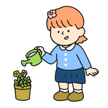 Kindergartenmädchen gießt eine Blume  Illustration