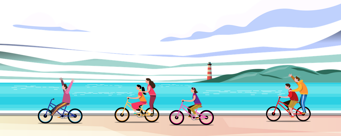 Gruppen von Kindern fahren Fahrrad am Strand  Illustration