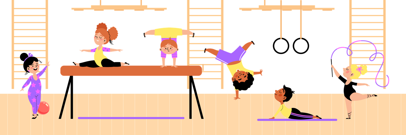 Banner für den Kinderturnunterricht mit Kindern im Fitnessstudio  Illustration