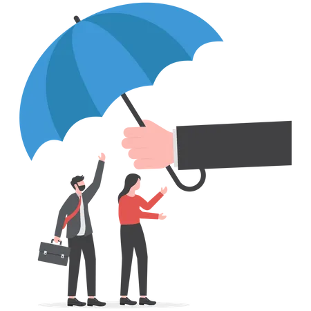 Kindness businessman offer big umbrella to cover employee  イラスト