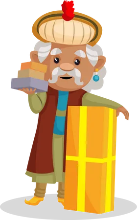 King Akbar with gift boxes Illustration