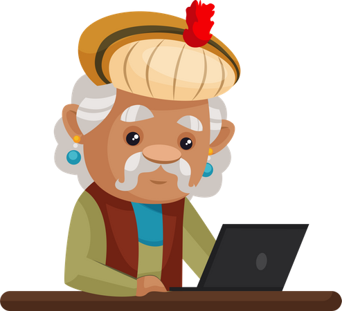 King Akbar working on laptop Illustration