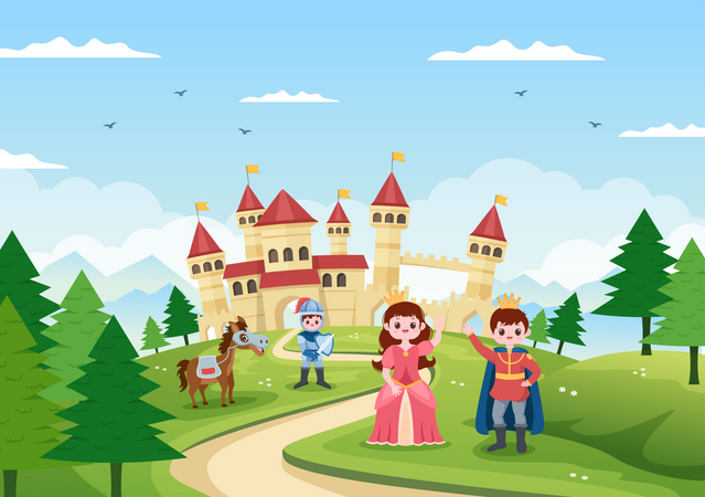 King and queen standing with knight Illustration