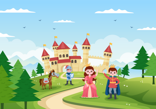 King and queen standing with knight  Illustration