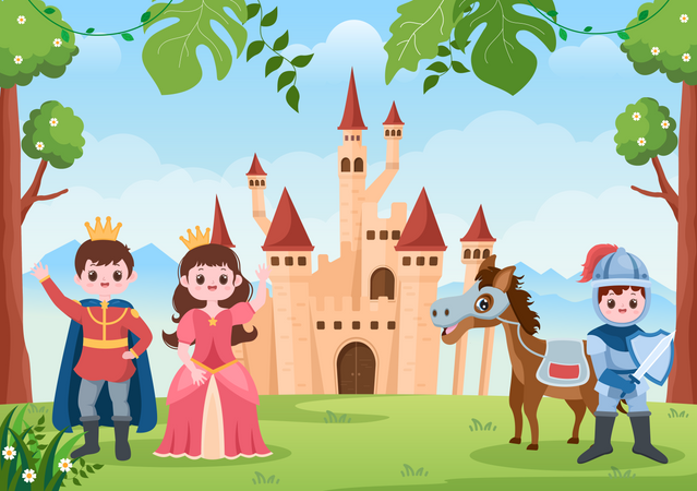 King and queen standing with knight near castle Illustration