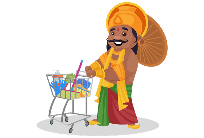 El rey Mahabali está con carrito de compras y material del hogar.  Ilustración
