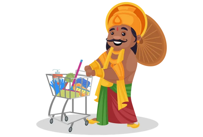 El rey Mahabali está con carrito de compras y material del hogar.  Ilustración