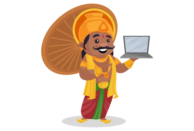 El rey Mahabali muestra una computadora portátil.  Ilustración