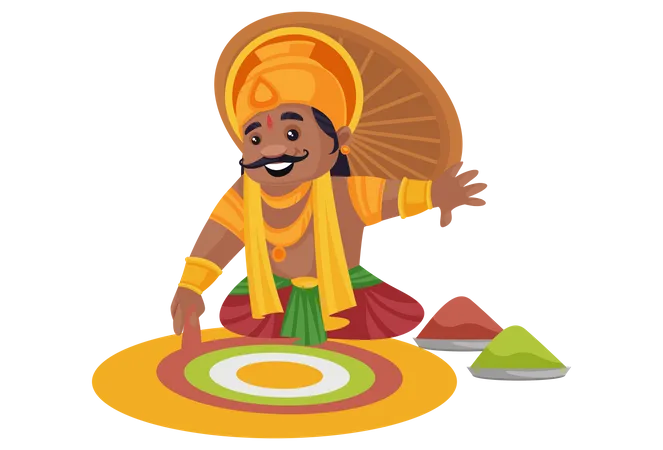 El rey Mahabali haciendo rangoli en el suelo  Ilustración
