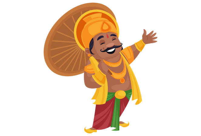 King Mahabali holding an umbrella in hand and laughing  Illustration