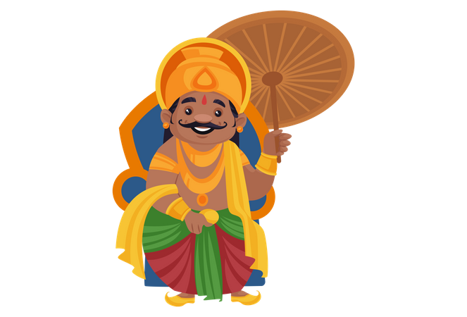 King Mahabali is holding an umbrella in hand and sitting on the throne  Illustration