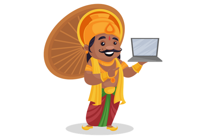 King Mahabali is showing a laptop  Illustration