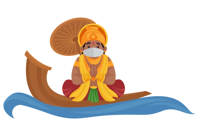 King Mahabali is wearing a mask and sitting on water boat doing Namaste Illustration