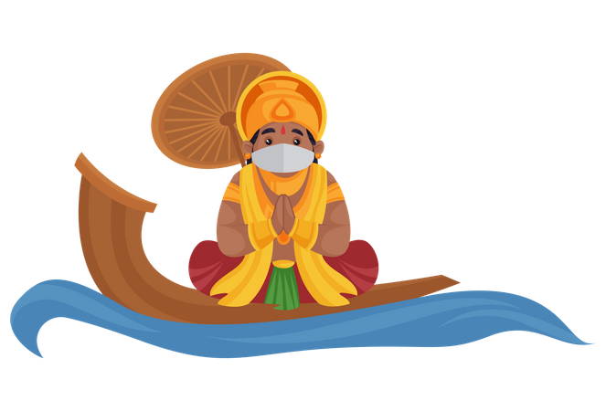 King Mahabali is wearing a mask and sitting on water boat doing Namaste  Illustration