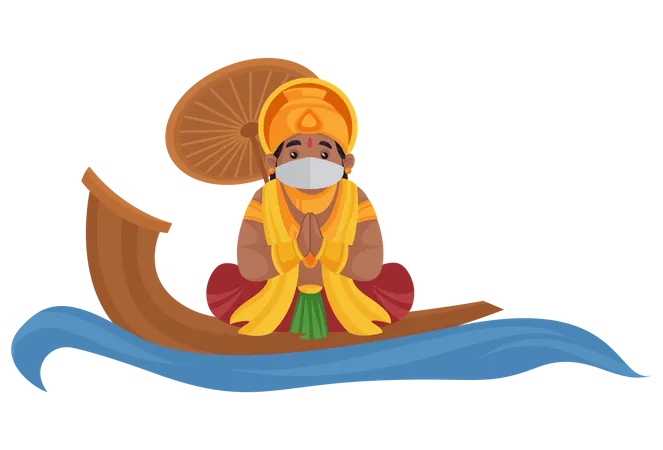 King Mahabali is wearing a mask and sitting on water boat doing Namaste  Illustration