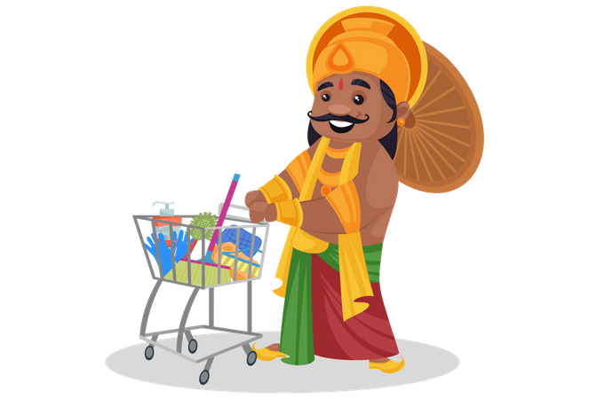 King Mahabali is with shopping cart and household material  Illustration