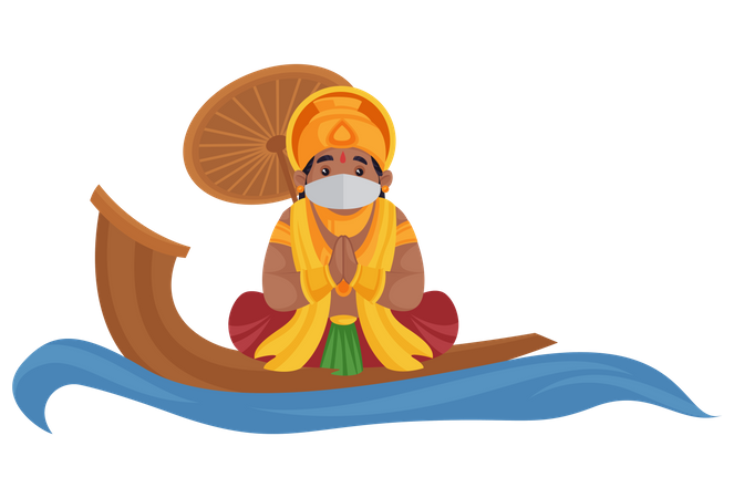 El rey Mahabali lleva una máscara y está sentado en un barco acuático haciendo Namaste  Ilustración