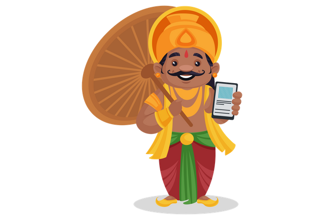 El rey Mahabali sostiene un teléfono móvil en la mano  Ilustración