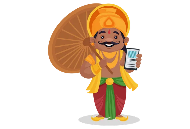 El rey Mahabali sostiene un teléfono móvil en la mano  Ilustración
