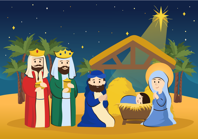 Kings greet Jesus baby  Illustration