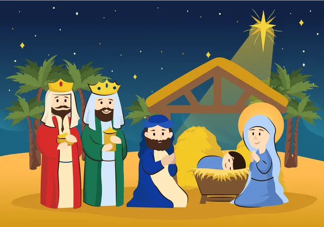 Kings greet Jesus baby  Illustration