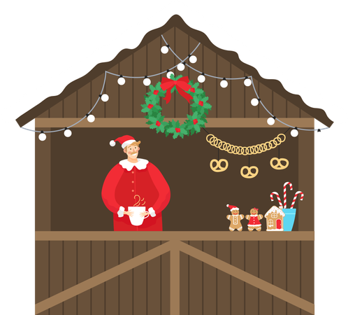 Kiosque du marché de Noël avec vendeur et nourriture  Illustration