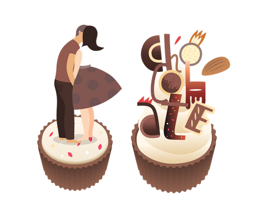 Kissing on chocolate cake  Illustration