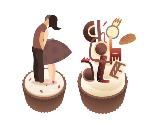 Kissing on chocolate cake  Illustration